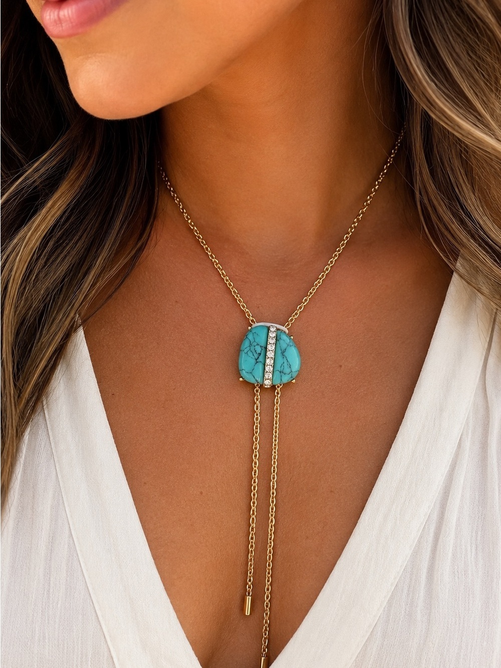 Piper K  | Reconstituted Turquoise Southwestern Y Necklace w/ Rhinestones
